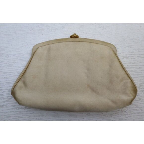 Vtg 50s MM Morris Moskowitz Beige Satin Clutch Handbag Rhinestone Clasp - Picture 1 of 16